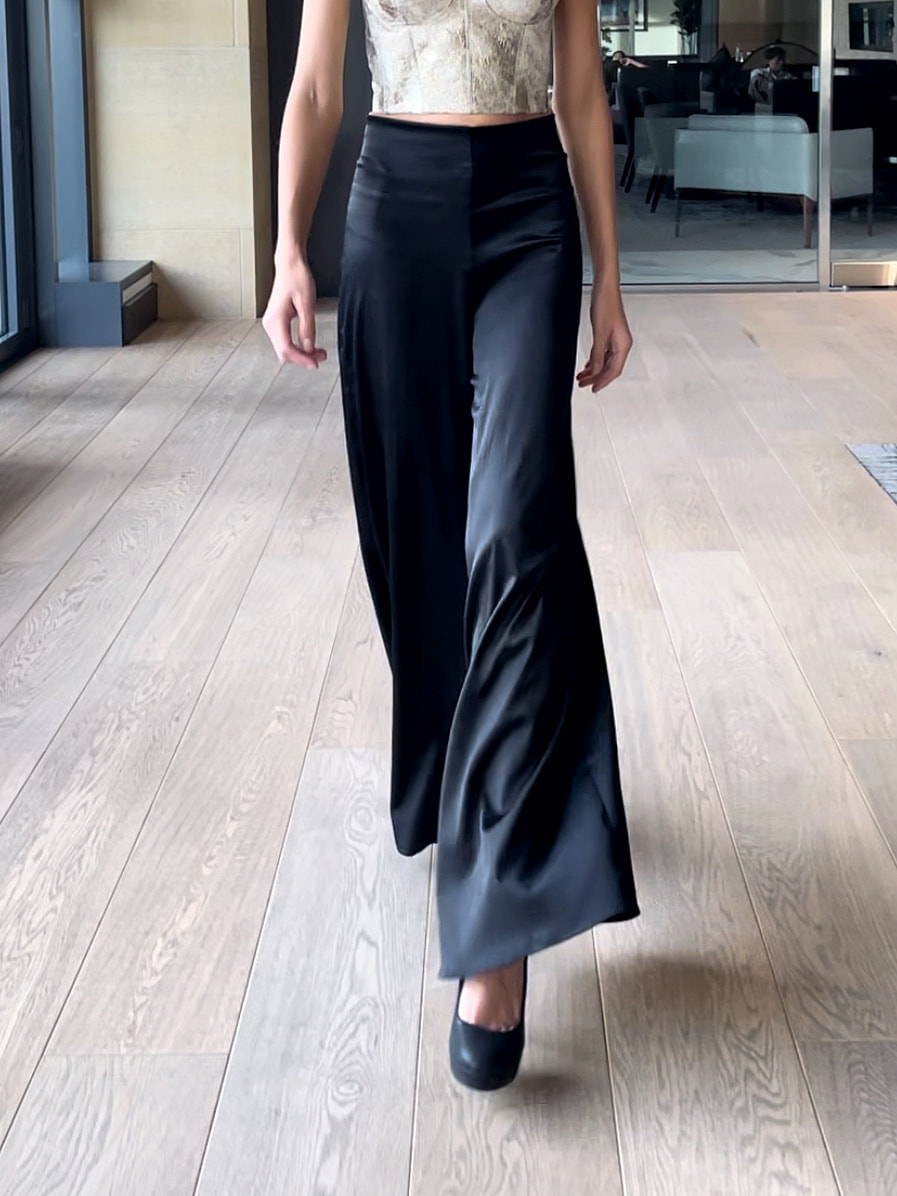 stretch satin wide leg pants with elastic waistband, crafted in black  stretch satin fabric.